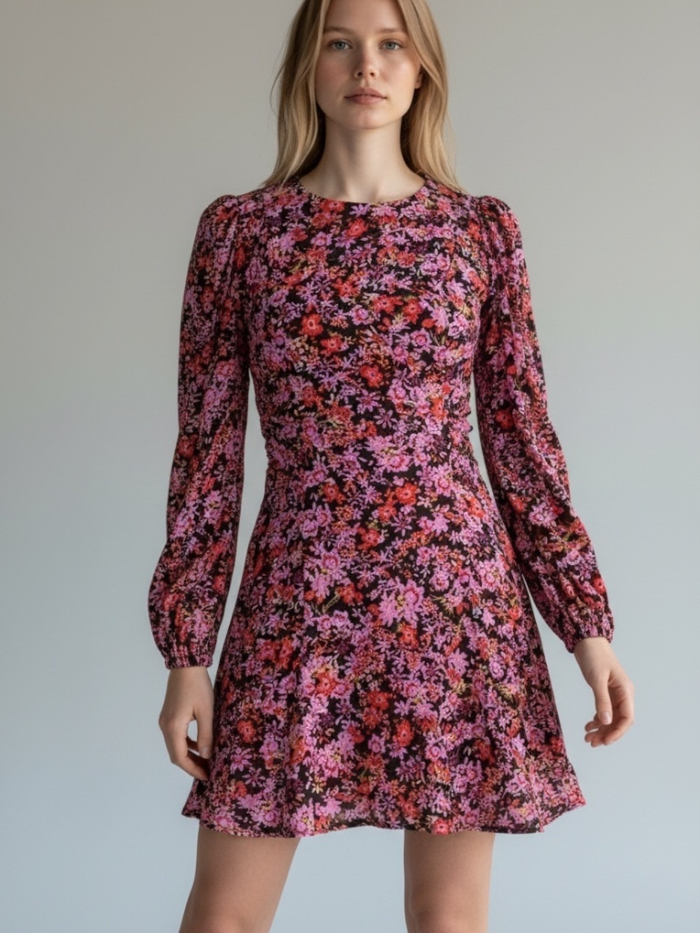 Zara Floral Long Sleeve Mini Dress Pink Red Size Large